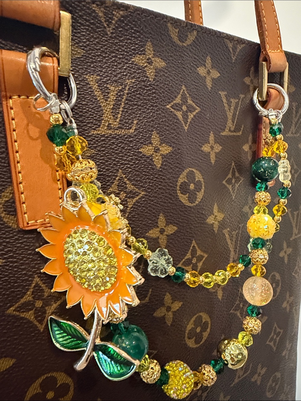Sunflower Charm Green and Yellow Beaded Charm Bag Chain Silver Harware